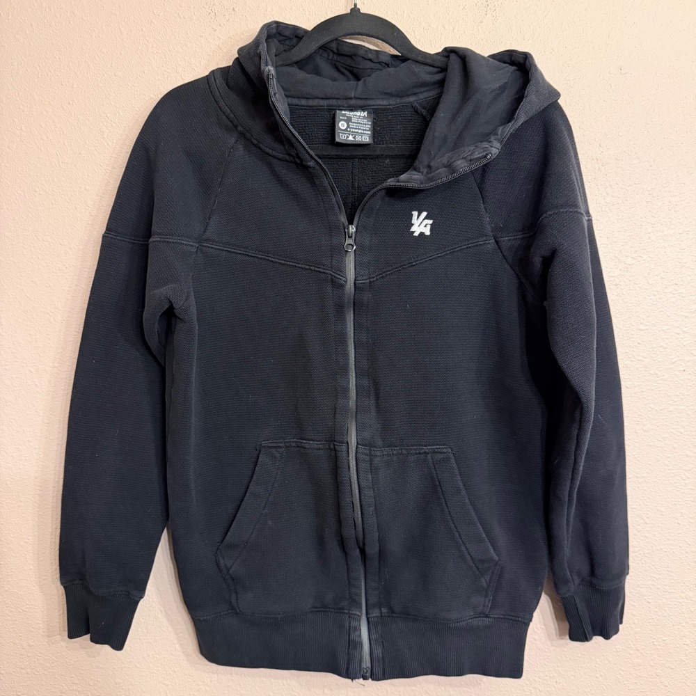 YoungLA Mens Black Full Zip Hoodie Waffle Knit Fleece Sweatshirt Small